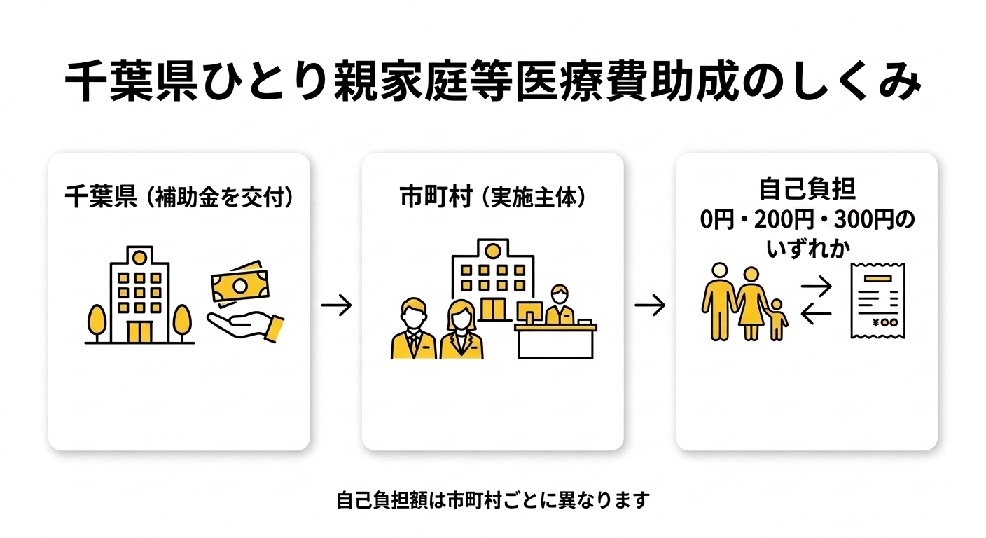千葉県ひとり親家庭等医療費助成のしくみ図。千葉県が市町村に補助金を交付し、市町村が実施主体として制度を運営し、受診時の自己負担は0円・200円・300円のいずれかを市町村が設定するという3段階の流れを示す図解