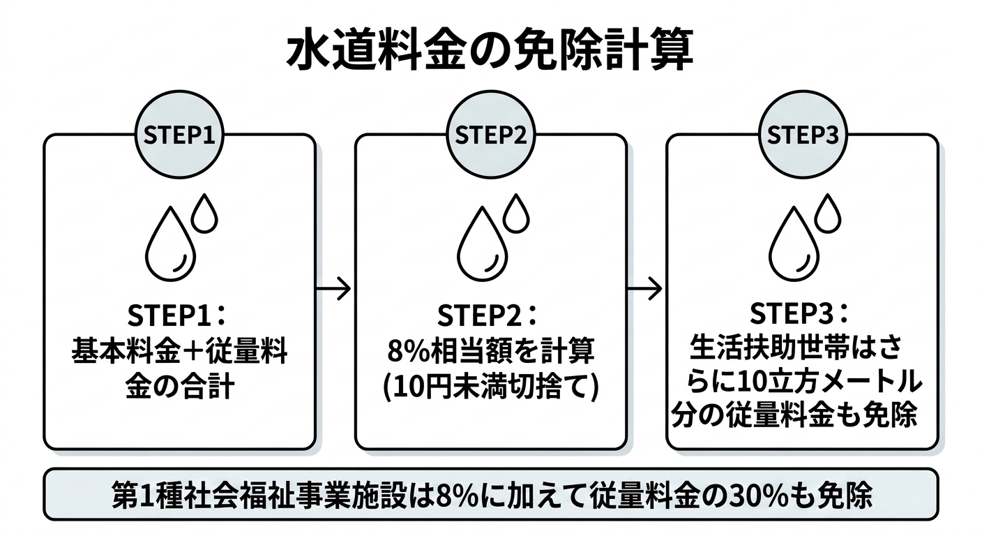 水道料金の免除の計算方法を示したステップ図解