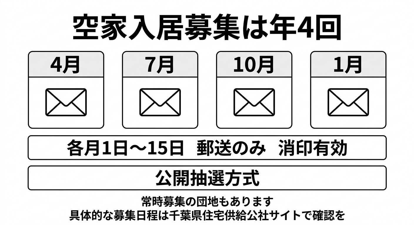 千葉県営住宅の空家入居募集は年4回（4月・7月・10月・1月）、各月1日から15日まで郵送のみで受付し、消印有効・公開抽選方式であることを示す図解。