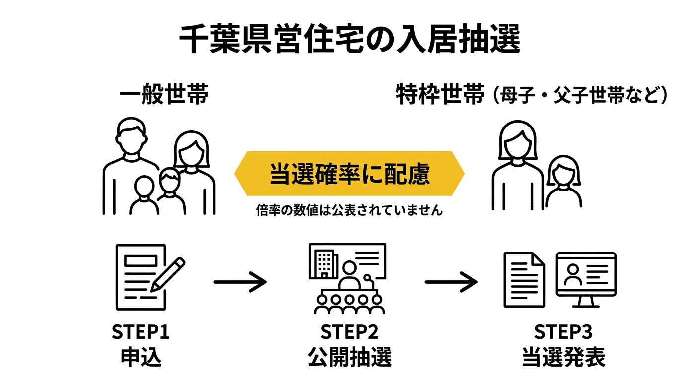 千葉県営住宅の入居抽選で、一般世帯と特枠世帯（母子・父子世帯など）の当選確率に配慮がある仕組みを示す図解。倍率の数値は公表されていないことを明記。