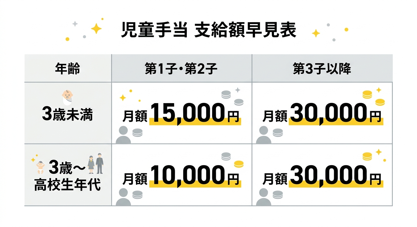 児童手当の年齢別・人数別の支給額早見表