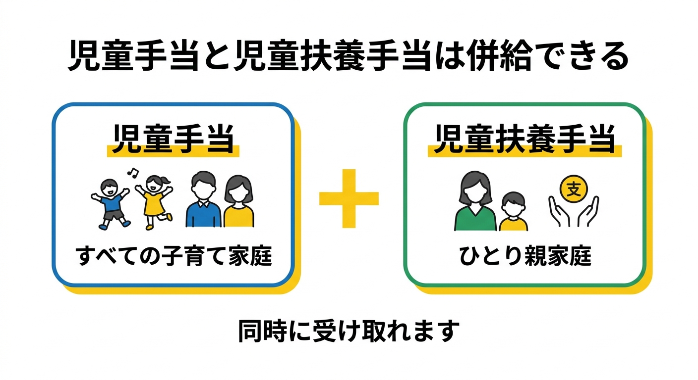 児童手当と児童扶養手当は別制度で併給できることを示すマップ