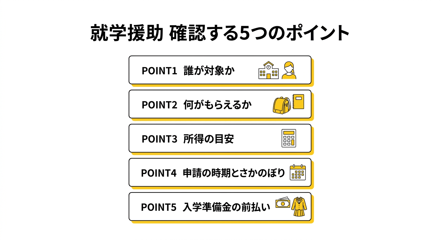 就学援助で確認すべき5つのポイントの図解