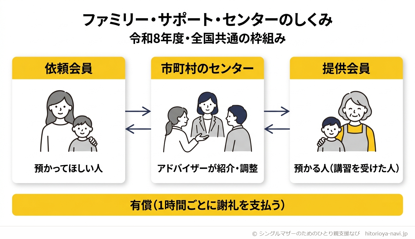 ファミリー・サポート・センターのしくみの図解。左のカードは依頼会員(預かってほしい人)、中央のカードは市町村のセンター(アドバイザーが紹介・調整)、右のカードは提供会員(預かる人・講習を受けた人)で、中央のセンターと左右のカードを両矢印で結び、市町村が間に入って会員同士をマッチングすることを示している。下部の帯には「有償(1時間ごとに謝礼を支払う)」と書かれている