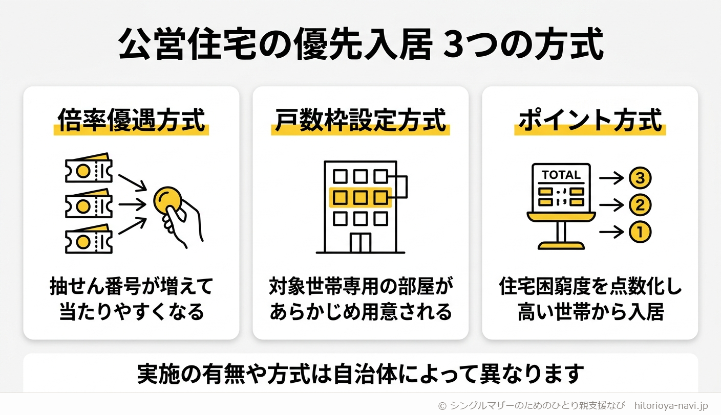 公営住宅の優先入居における3つの方式（倍率優遇方式・戸数枠設定方式・ポイント方式）を示した図解。倍率優遇方式は対象世帯の抽選番号が複数もらえて当選率が上がる仕組み、戸数枠設定方式は募集住戸の中に対象世帯専用の枠があらかじめ確保されている仕組み、ポイント方式は住宅困窮度を居住水準や家賃負担などの項目ごとに点数化し合計点の高い世帯から入居が決まる仕組みであることを、3つのカードで比較した図。