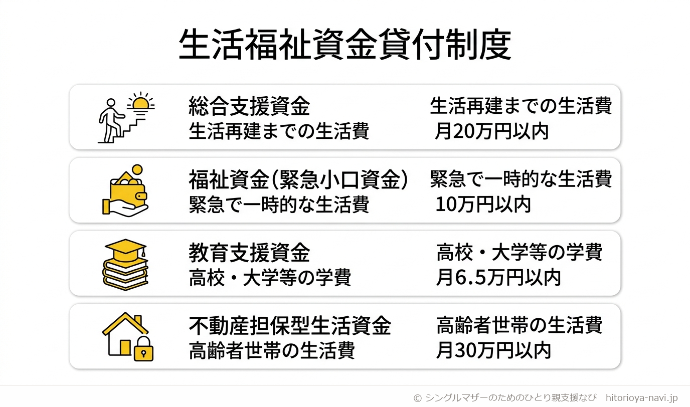 生活福祉資金貸付制度の4つの資金の種類を示す図解。総合支援資金は失業等で生活に困窮した世帯の生活再建費用、福祉資金は技能習得や療養など日常生活上の一時的な出費や緊急小口の生活費、教育支援資金は低所得世帯の子どもの高校・大学等の就学費用、不動産担保型生活資金は高齢者世帯が持ち家を担保に借りる生活費であることを示す4分類の図