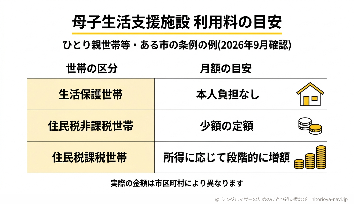 母子生活支援施設の利用料(費用負担)の目安を示す図解。ある市の条例の例(2026年9月確認)として、生活保護世帯は本人負担なし、住民税非課税世帯は低い定額、住民税課税世帯は所得に応じて段階的に増える3つの区分を示している。対象はひとり親世帯等で、実際の金額は市区町村ごとに異なることを注記している。