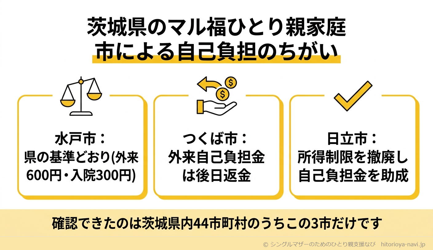 茨城県のマル福ひとり親家庭における市町村ごとの自己負担の違いを示す図解(令和8年9月確認)。水戸市は県基準どおり外来1日600円・入院1日300円。つくば市は所得制限は県基準どおりだが外来自己負担金が後日返金される仕組み。日立市は所得制限を撤廃し外来・入院とも自己負担金を助成(振込は年4回)。下部に「確認できたのは茨城県内44市町村のうちこの3市だけです」という注記がある図解