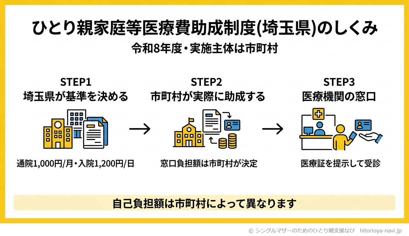 ひとり親家庭等医療費助成制度(埼玉県)のしくみを示す図解。STEP1で埼玉県が自己負担額の基準(通院1,000円/月・入院1,200円/日)を決め、STEP2で実際に助成する市町村が窓口負担額を決定し、STEP3で医療機関の窓口で医療証を提示して受診する、という3段階の流れを示す。下部に「自己負担額は市町村によって異なります」という注記がある。令和8年度時点の図。