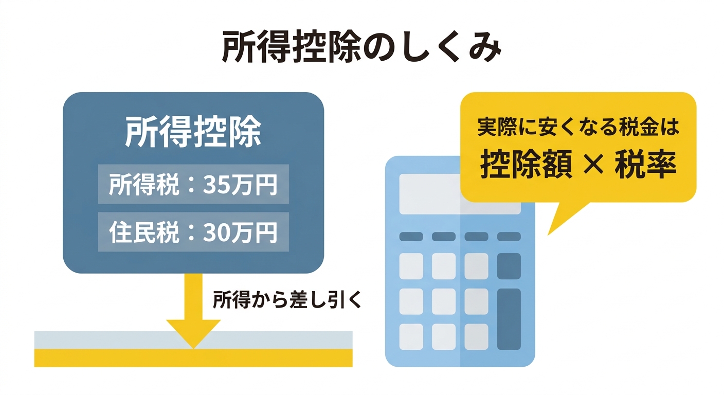 ひとり親控除で所得から差し引かれる金額のイメージ図。所得税は35万円、住民税は30万円を所得から差し引き、実際に安くなる税金は控除額に税率をかけた金額になることを示す図解